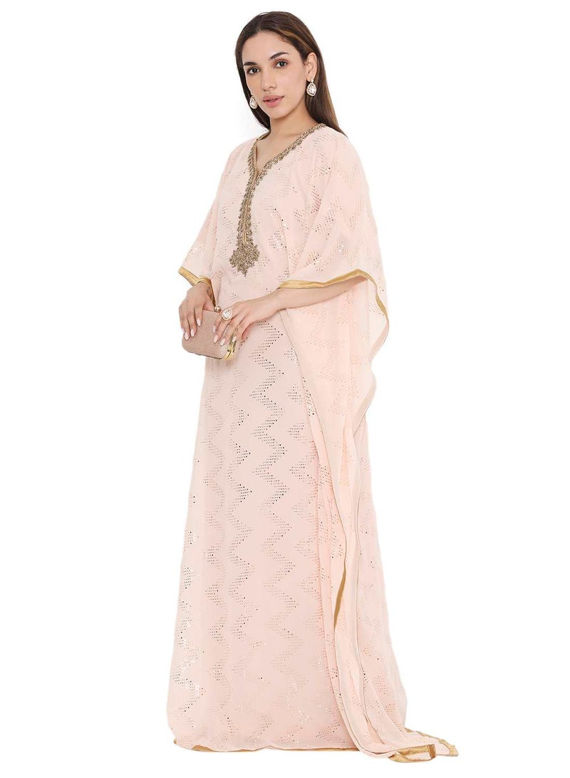HANA & SARA ELEGANT GOLD STONE HAND BEADING STYLISH SHINY CHIFFON ARABIC KAFTAN JALABIYA DRESS  - Image 5