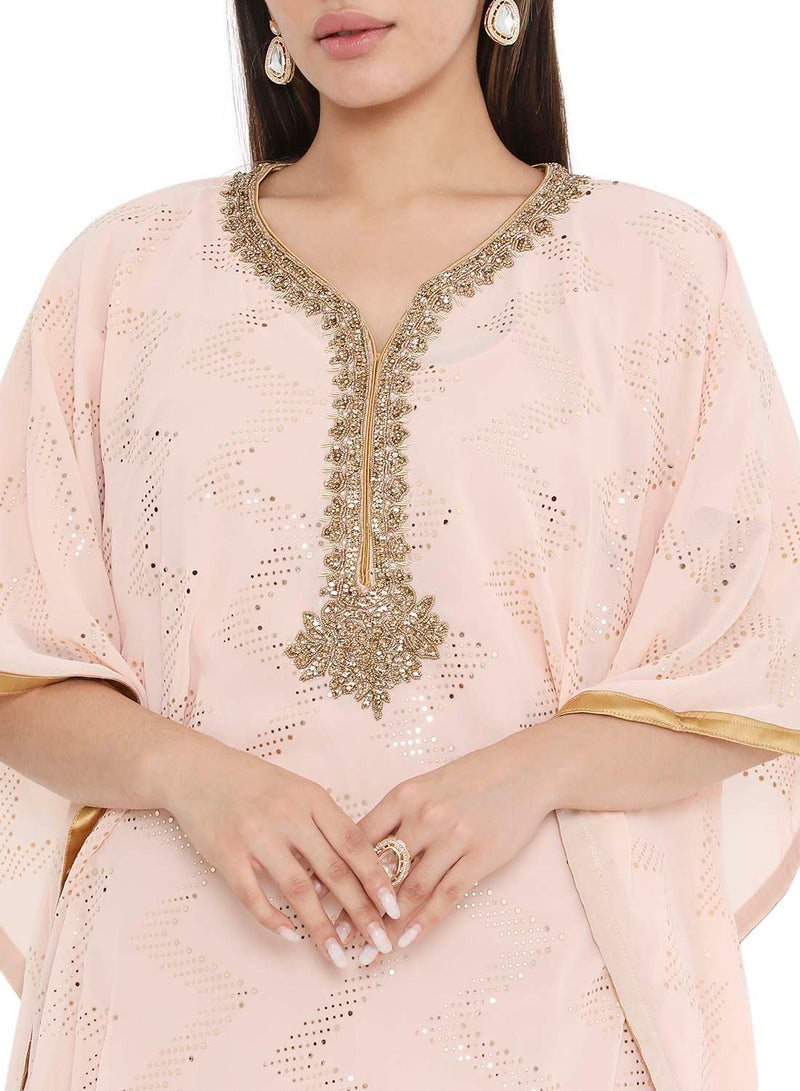 HANA & SARA ELEGANT GOLD STONE HAND BEADING STYLISH SHINY CHIFFON ARABIC KAFTAN JALABIYA DRESS  - Image 3