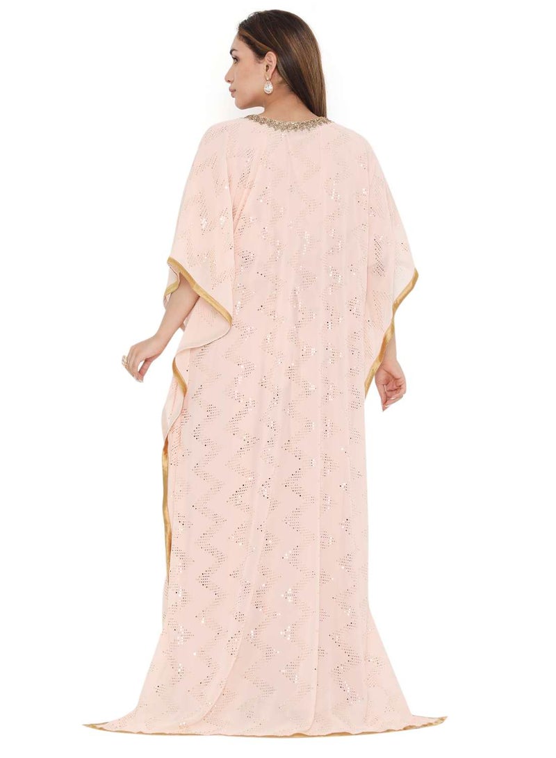 HANA & SARA ELEGANT GOLD STONE HAND BEADING STYLISH SHINY CHIFFON ARABIC KAFTAN JALABIYA DRESS  - Image 2