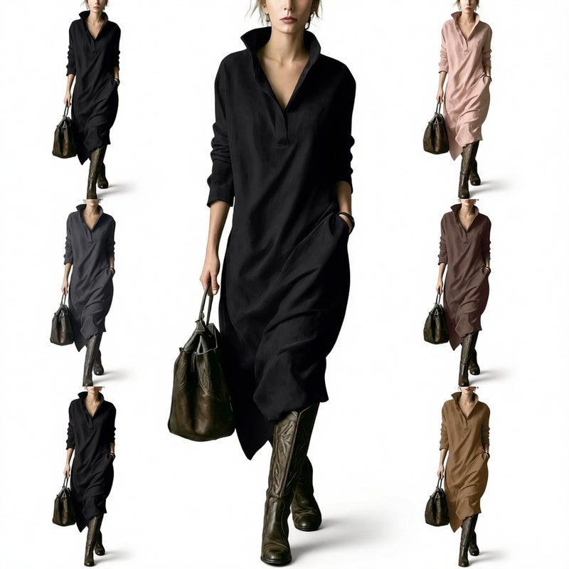 Women's Long Sleeve V-Neck Midi Dress Casual Loose Fit - Image 1