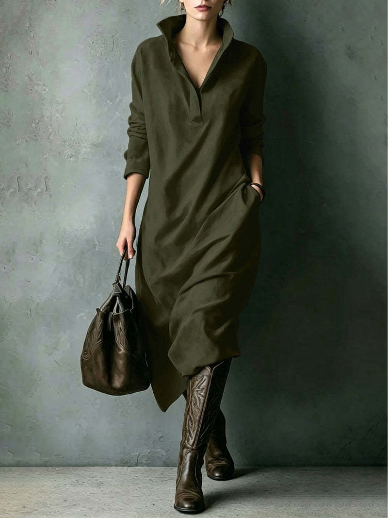 Women's Long Sleeve V-Neck Midi Dress Casual Loose Fit - Image 2