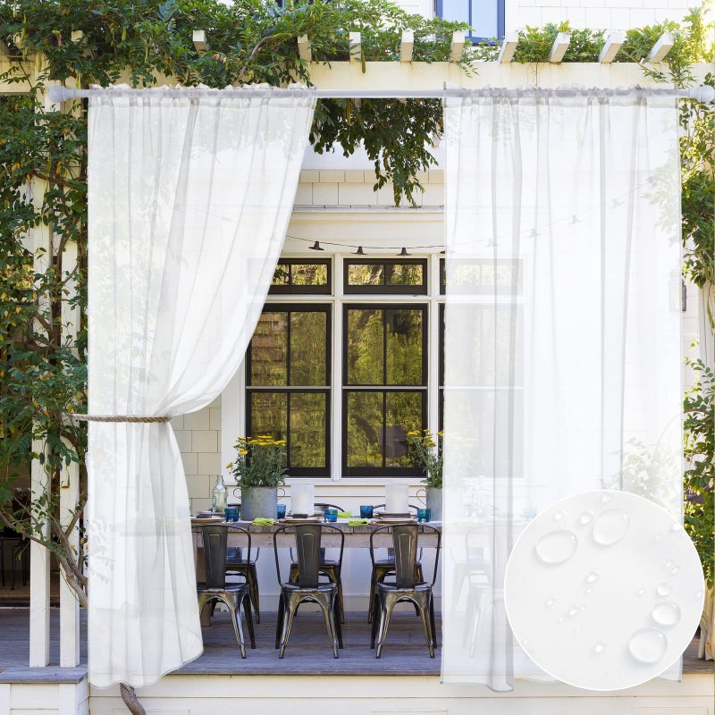MIULEE Outdoor Sheer Curtain for Patio Waterproof - 2 Panels White Privacy Drape Voile Curtain Rod Pocket for Porch,Pergola, Cabana, Gazebo, 54 X 84 Inch Long - Image 1