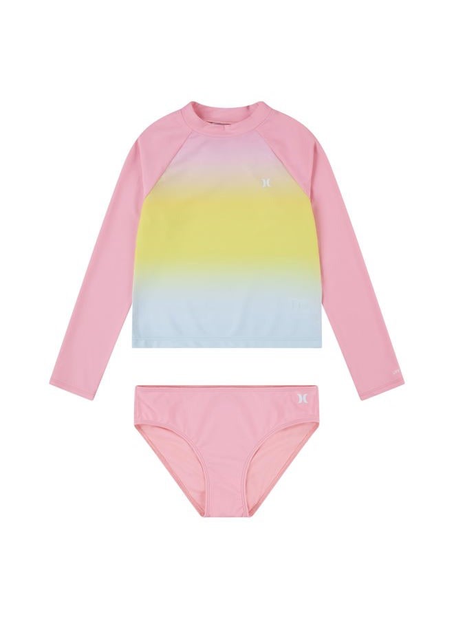 Hurley Girls' Long Sleeve Rash Guard 2-Piece Swimsuit, Pink Flamingo, 6 - Image 1
