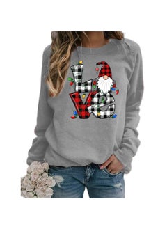 Christmas Santa Claus Plaid Love Print round Neck Long Sleeve Sweatshirt Jacket Womens European Size Street Style Polyester Grey