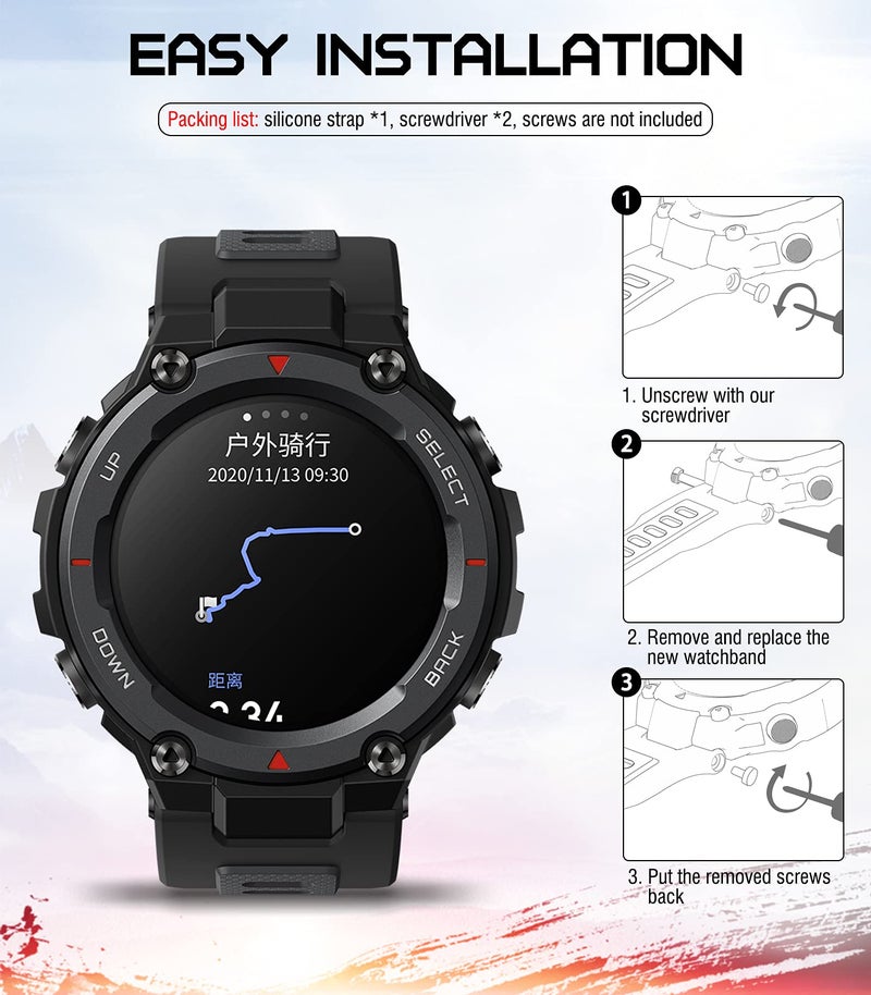 MoKo حزام ساعة موكو متوافق مع ساعة أمازفيت تي-ريكس/تي-ريكس برو، حزام رياضي بديل من السيليكون الناعم، حزام معصم قابل للتنفس مع مفكات، أسود - Image 4