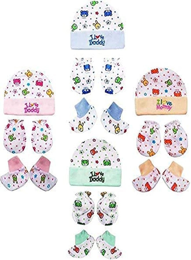 JUSTLIST New Born Baby Mitten Gloves Cap & Booty and BIB Set Mix | Mitten Booty Set (Availability Colours May Vary and Print Designs) (Color May Vary)… - Image 1