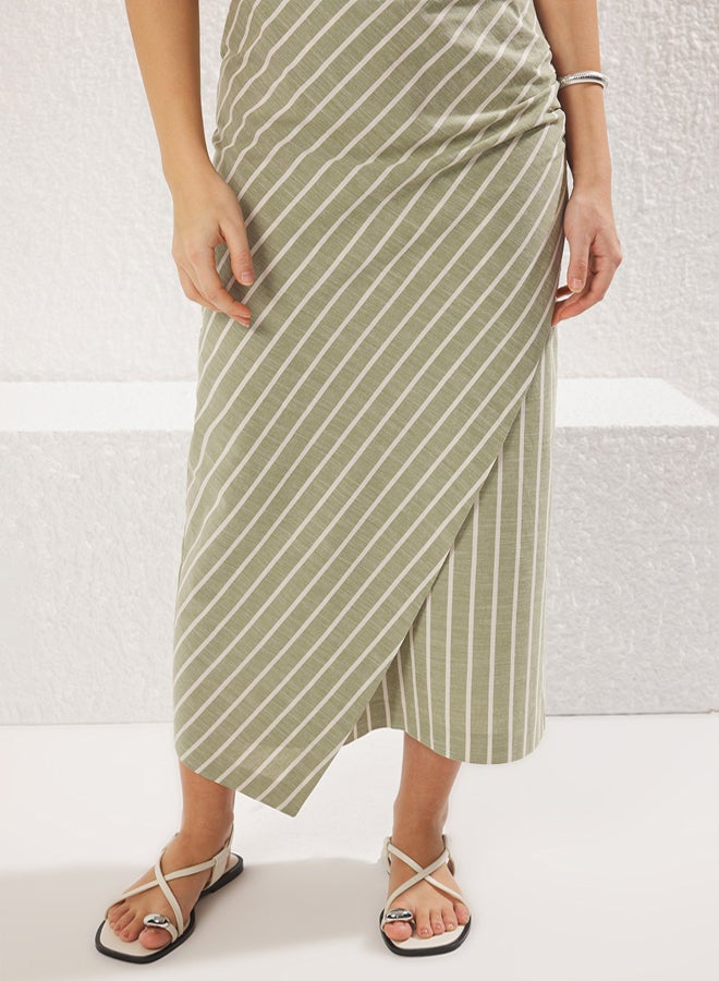 trendyol Khaki Linen Look Fabric Striped Gathered Detail Midi Length Woven Skirt  - Image 3