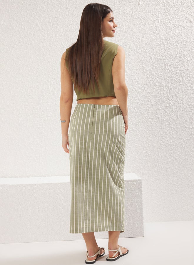 trendyol Khaki Linen Look Fabric Striped Gathered Detail Midi Length Woven Skirt  - Image 5