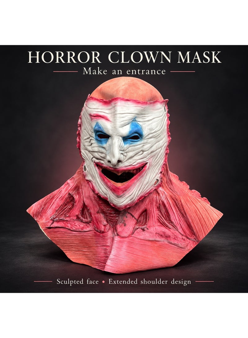 Halloween Clown Mask with White Wrinkled Face, Blue Eye Makeup and Red Muscle Effect Neck and Shoulder Cover, Scary Horror Costume Accessory for Cosplay, Fancy Dress Parties and Haunted House Displays - Image 3