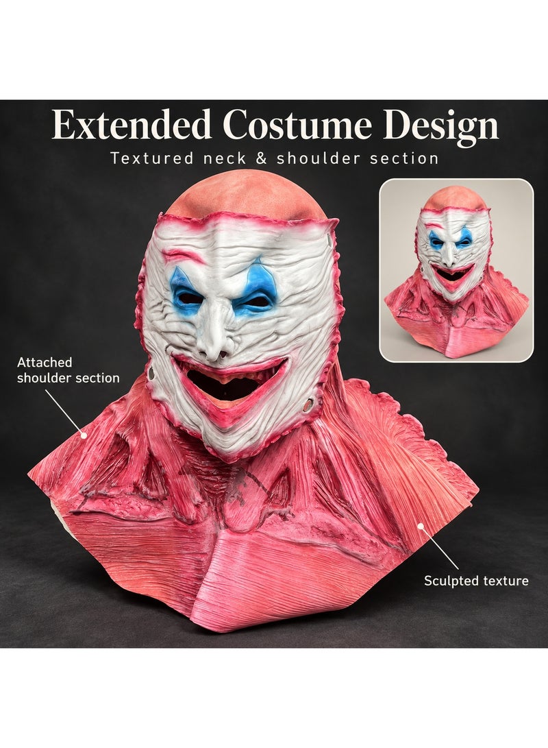 Halloween Clown Mask with White Wrinkled Face, Blue Eye Makeup and Red Muscle Effect Neck and Shoulder Cover, Scary Horror Costume Accessory for Cosplay, Fancy Dress Parties and Haunted House Displays - Image 5