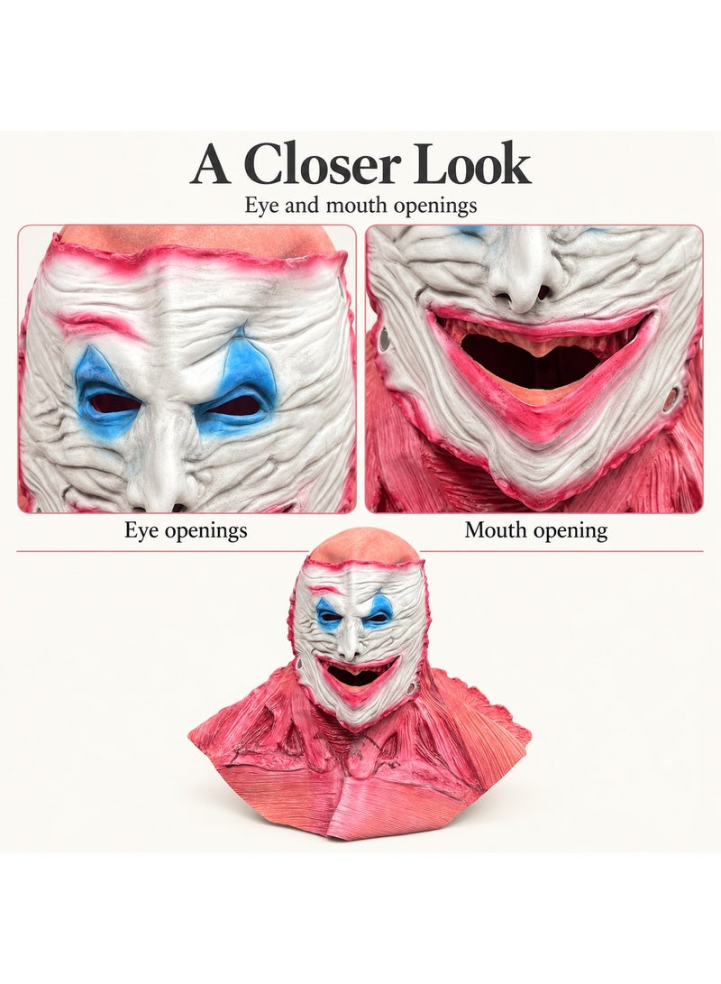 Halloween Clown Mask with White Wrinkled Face, Blue Eye Makeup and Red Muscle Effect Neck and Shoulder Cover, Scary Horror Costume Accessory for Cosplay, Fancy Dress Parties and Haunted House Displays - Image 4