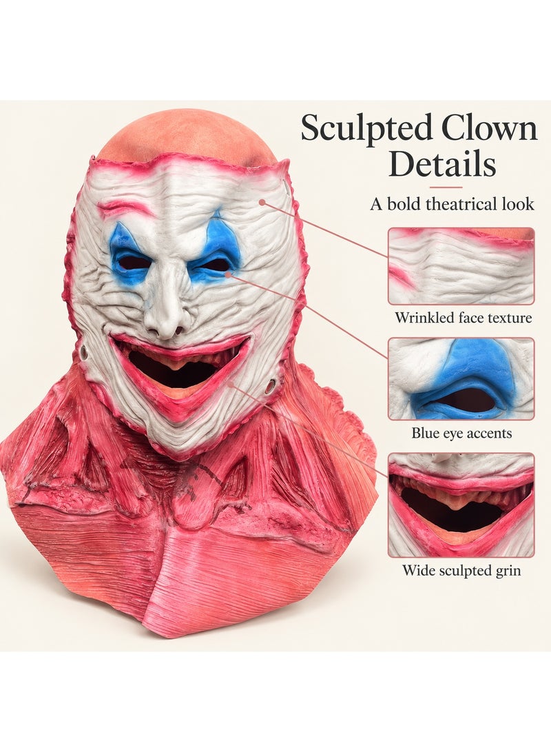 Halloween Clown Mask with White Wrinkled Face, Blue Eye Makeup and Red Muscle Effect Neck and Shoulder Cover, Scary Horror Costume Accessory for Cosplay, Fancy Dress Parties and Haunted House Displays - Image 2