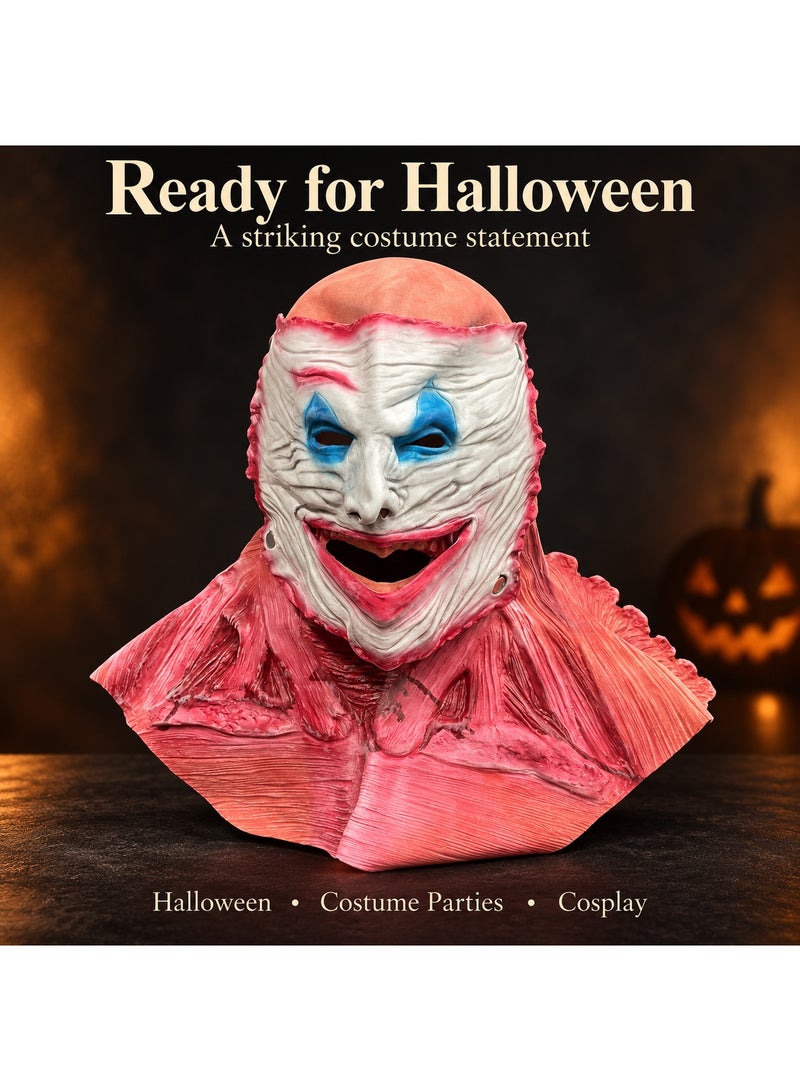 Halloween Clown Mask with White Wrinkled Face, Blue Eye Makeup and Red Muscle Effect Neck and Shoulder Cover, Scary Horror Costume Accessory for Cosplay, Fancy Dress Parties and Haunted House Displays - Image 1