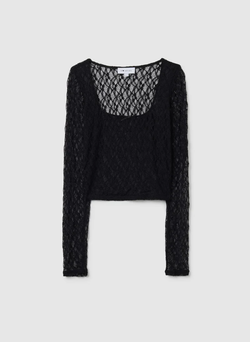 او في اس BLACK STRETCH FABRIC LONG TOP REGULAR FIT
