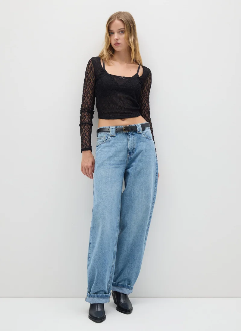 او في اس BLACK STRETCH FABRIC LONG TOP REGULAR FIT