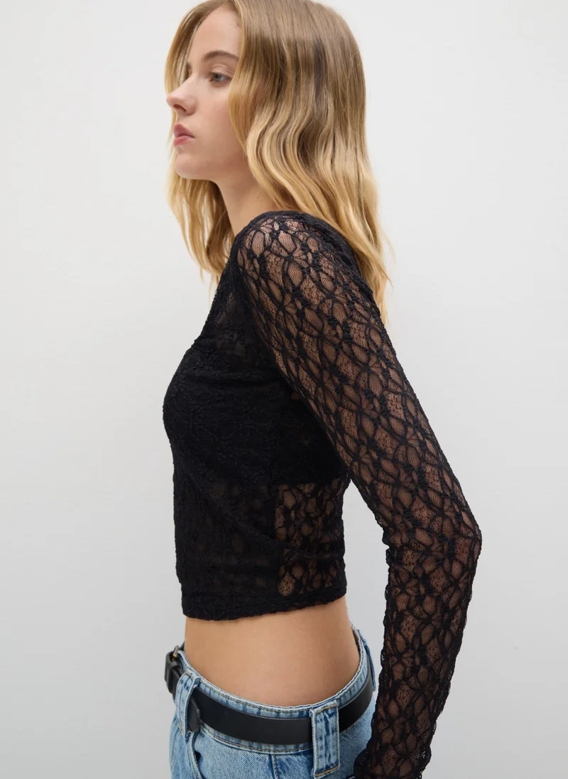 او في اس BLACK STRETCH FABRIC LONG TOP REGULAR FIT