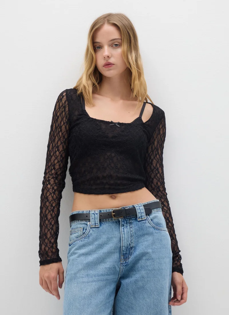 او في اس BLACK STRETCH FABRIC LONG TOP REGULAR FIT