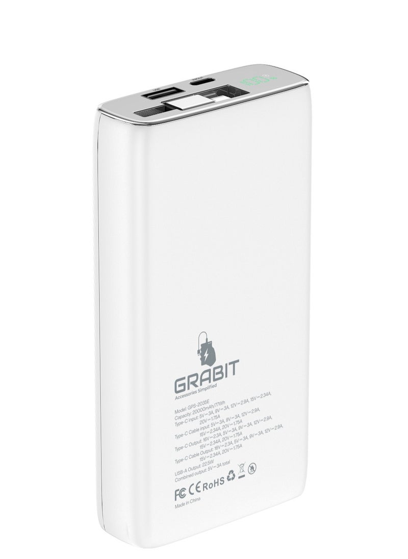 GRABIT - GPS-2035E Power Bank 20,000mAh 35W PD Power Station Fast & Reliable, Charge laptops, iPads, and smartphones with 35W PD fast charging and a 20,000mAh capacity. Features USB-A & USB-C ports, digital power indicator, and over-current protection. Includes built-in USB-C to USB-C cable. Compatible with MacBooks, iPads, Samsung, OnePlus, Xiaomi, Huawei, Google Pixel, iPhone, and more. Ideal for work, travel, and daily use. - Image 1