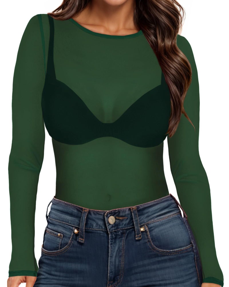CHICGAL Women's Mesh Tops Sheer Long Sleeve Tee Shirts Bodycon See Through Blouse Clubwear(Dark Green,L) - Image 1