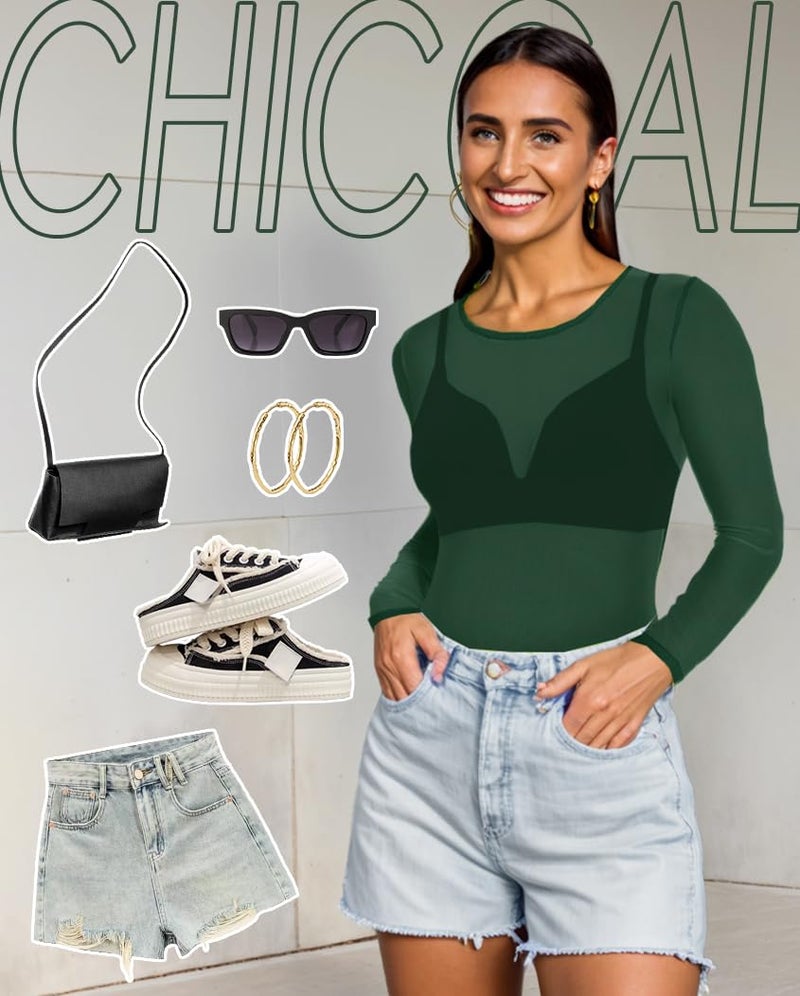 CHICGAL Women's Mesh Tops Sheer Long Sleeve Tee Shirts Bodycon See Through Blouse Clubwear(Dark Green,L) - Image 3