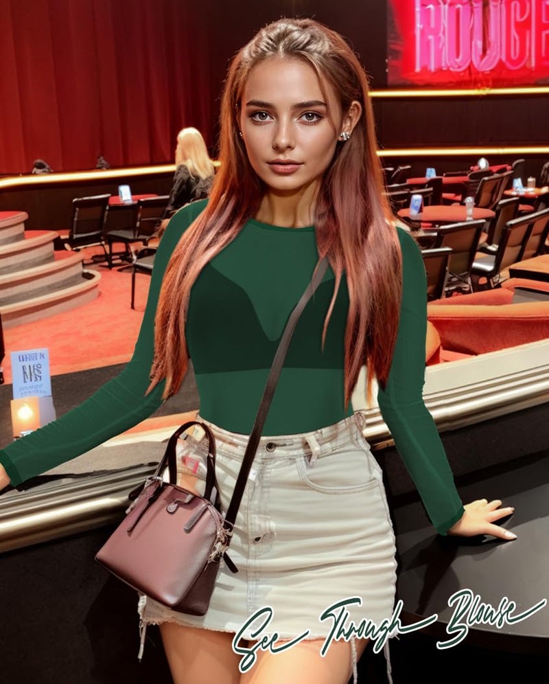 CHICGAL Women's Mesh Tops Sheer Long Sleeve Tee Shirts Bodycon See Through Blouse Clubwear(Dark Green,L) - Image 5