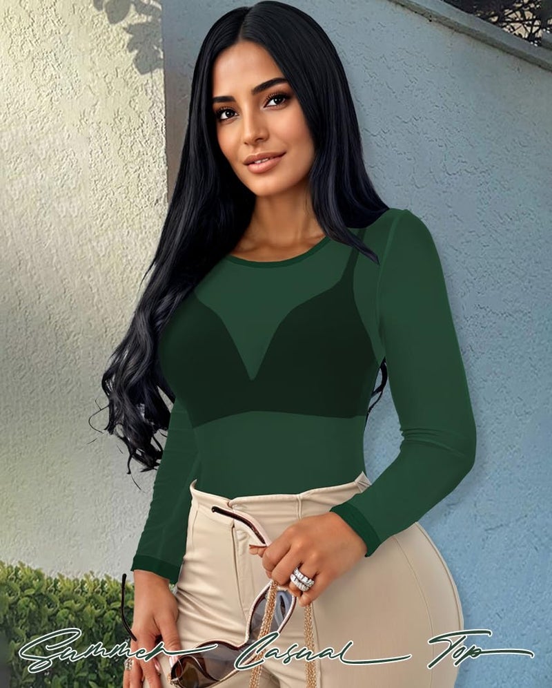 CHICGAL Women's Mesh Tops Sheer Long Sleeve Tee Shirts Bodycon See Through Blouse Clubwear(Dark Green,L) - Image 2