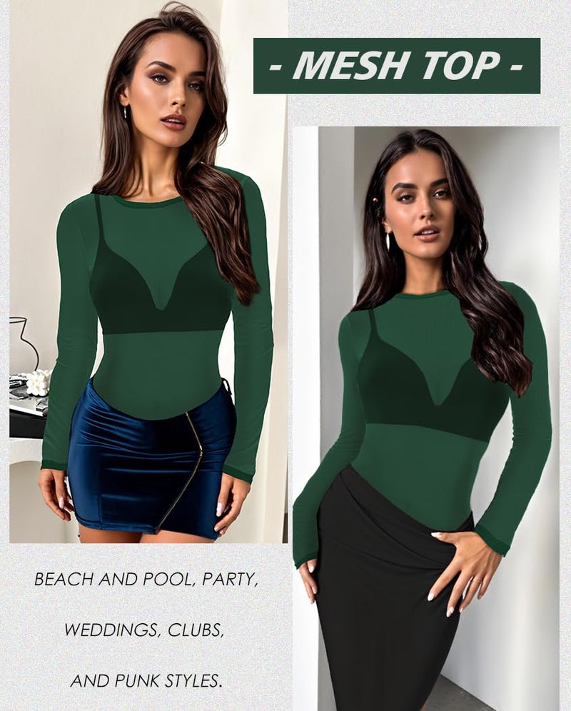 CHICGAL Women's Mesh Tops Sheer Long Sleeve Tee Shirts Bodycon See Through Blouse Clubwear(Dark Green,L) - Image 4