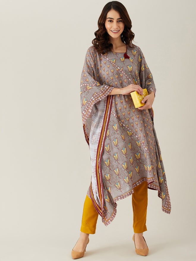 The Kaftan Company Grey Floral Buta Lace Modal Kaftan Kurta - Image 1