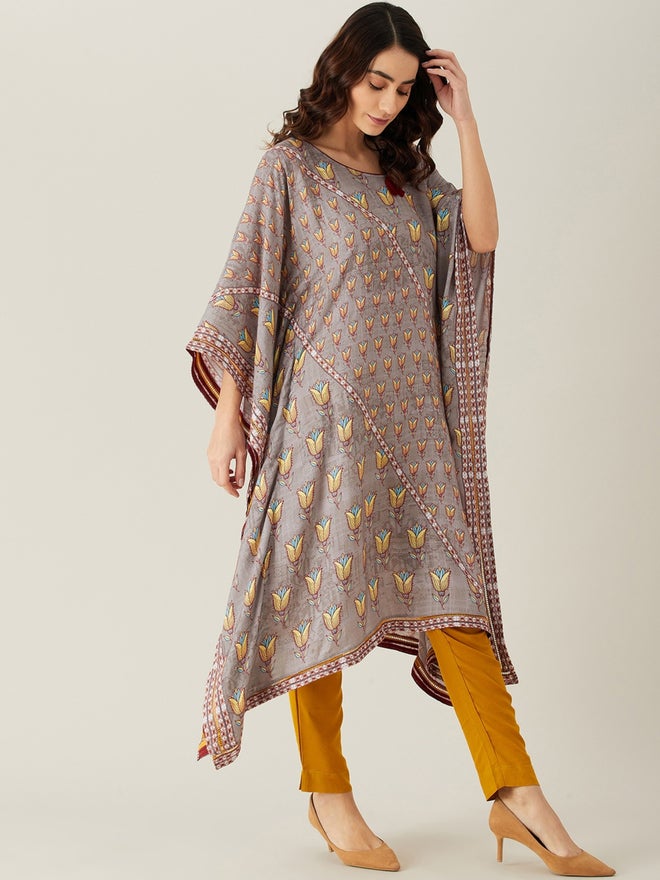 The Kaftan Company Grey Floral Buta Lace Modal Kaftan Kurta - Image 2