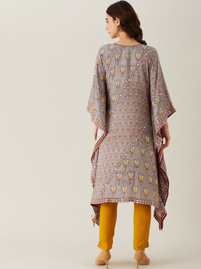 The Kaftan Company Grey Floral Buta Lace Modal Kaftan Kurta - Image 5