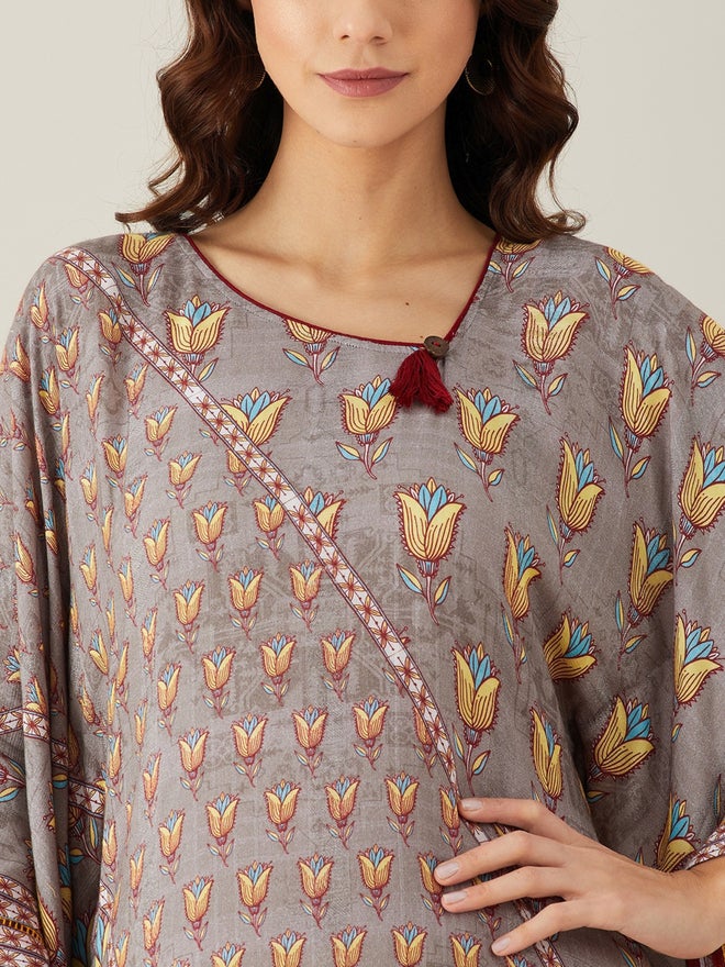 The Kaftan Company Grey Floral Buta Lace Modal Kaftan Kurta - Image 4