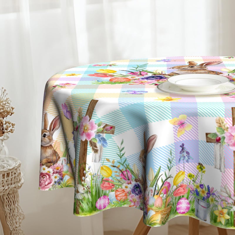 VentuCoven Easter Round Tablecloth 60 in Rabbit Circular Tablecloths for Kitchen Dinner Tabletop Decoration Butterfly Watercolor Buffalo Plaid Check Egg Spring Floral - Image 2