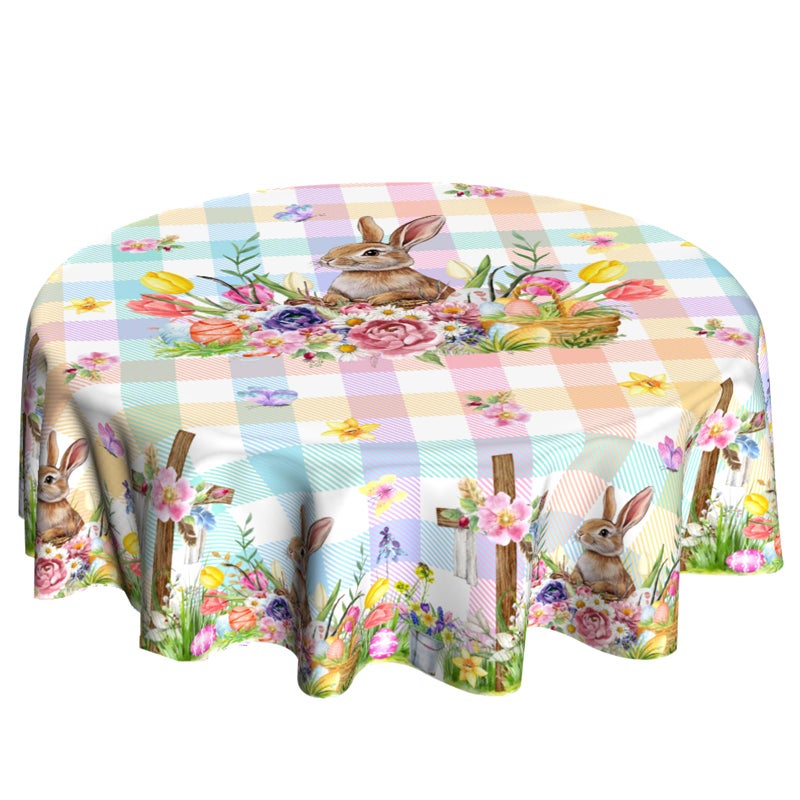 VentuCoven Easter Round Tablecloth 60 in Rabbit Circular Tablecloths for Kitchen Dinner Tabletop Decoration Butterfly Watercolor Buffalo Plaid Check Egg Spring Floral - Image 1