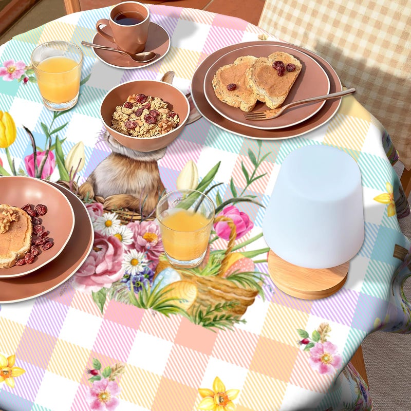 VentuCoven Easter Round Tablecloth 60 in Rabbit Circular Tablecloths for Kitchen Dinner Tabletop Decoration Butterfly Watercolor Buffalo Plaid Check Egg Spring Floral - Image 5