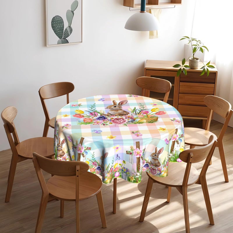 VentuCoven Easter Round Tablecloth 60 in Rabbit Circular Tablecloths for Kitchen Dinner Tabletop Decoration Butterfly Watercolor Buffalo Plaid Check Egg Spring Floral - Image 3