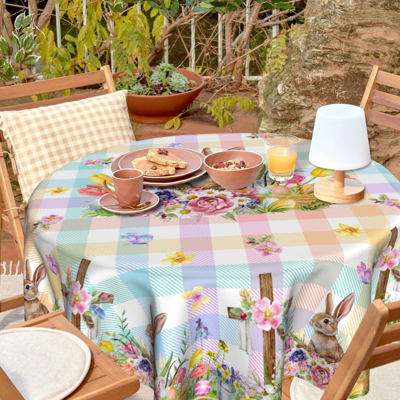 VentuCoven Easter Round Tablecloth 60 in Rabbit Circular Tablecloths for Kitchen Dinner Tabletop Decoration Butterfly Watercolor Buffalo Plaid Check Egg Spring Floral - Image 4