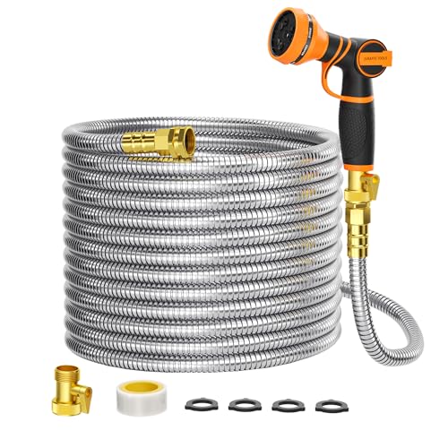 Giraffe Tools Girafe Tools Garden Hose 100ft x 5/8", 304 Stainless Steel Metal Water Hose, No Kink Garden Water Hose with 9 Pattern Spray Nozzle, Flexible, Lightweight, Kink Free Hose for Yard, Outdoor - Image 1