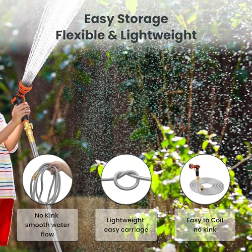 Giraffe Tools Girafe Tools Garden Hose 100ft x 5/8", 304 Stainless Steel Metal Water Hose, No Kink Garden Water Hose with 9 Pattern Spray Nozzle, Flexible, Lightweight, Kink Free Hose for Yard, Outdoor - Image 3
