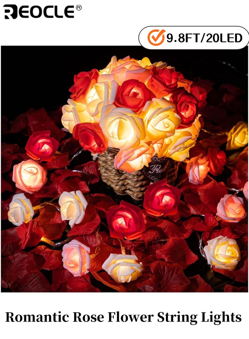 REOCLE 9.8Ft / 20LED Romantic Rose Flower String Lights Operated Multicolor Rose Bud Lights Garland for Birthday Party Fairy Lights for Valentines Day Wedding Indoor Outdoor Decor - Image 1