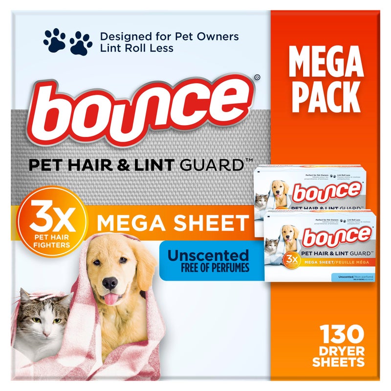 Bounce Pet Hair and Lint Guard Mega Dryer Sheets with 3X Pet Hair Fighters, Unscented, 130 Count - Image 1