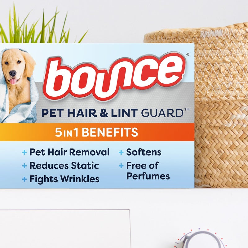 Bounce Pet Hair and Lint Guard Mega Dryer Sheets with 3X Pet Hair Fighters, Unscented, 130 Count - Image 2