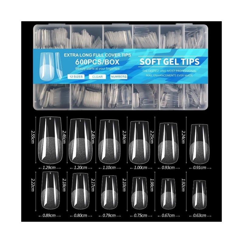 Nails magic Soft Gel Nail Tips – 600 Pcs Square Shape, 12 Sizes – Full Cover Clear Tips for DIY Nails & Salons - Image 1