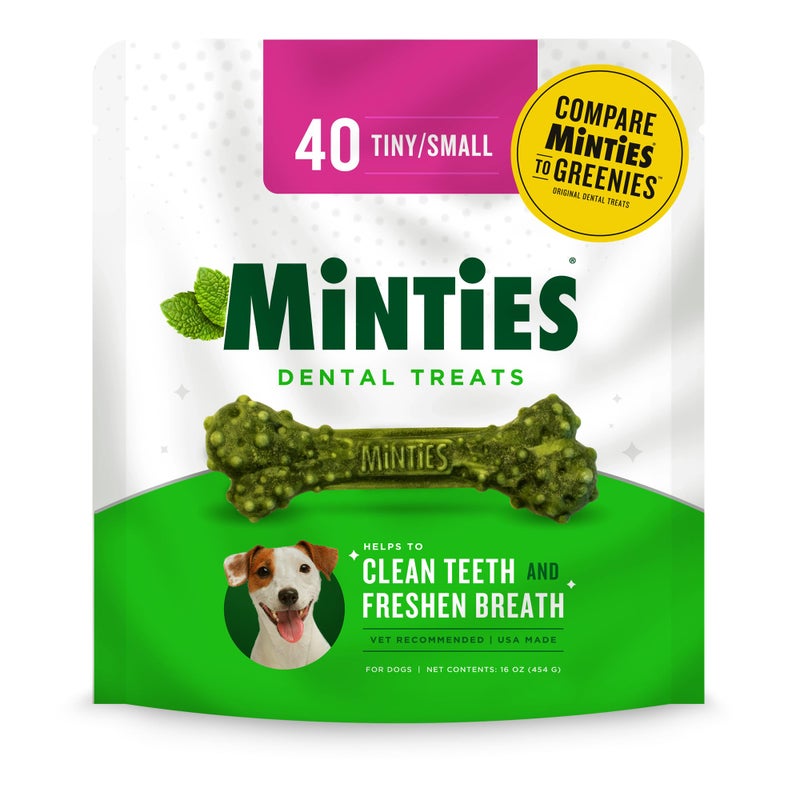 Minties Dental Chews for Dogs, 40 Count, Vet-Recommended Mint-Flavored Dental Treats for Tiny/Small Dogs 5-24 lbs, Dental Bones Clean Teeth, Fight Bad Breath, and Removes Plaque and Tartar - Image 1