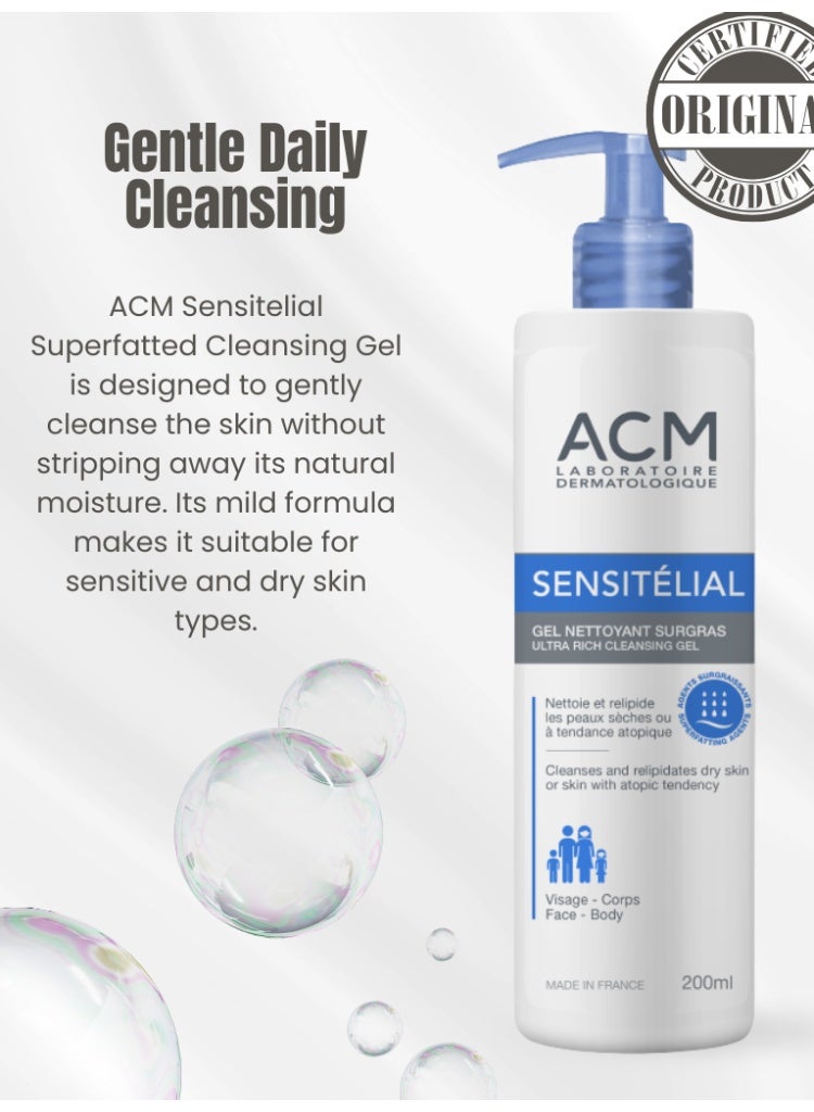 ACM Laboratoire dermatologique ACM Sensitelial Superfatted Cleansing Gel 200ml – Gentle Daily Cleanser for Dry & Sensitive Skin, Nourishing Soap-Free Formula with Long-Lasting Comfort - Image 2