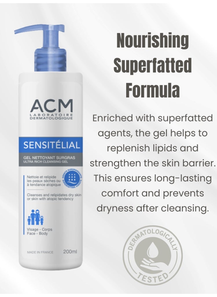ACM Laboratoire dermatologique ACM Sensitelial Superfatted Cleansing Gel 200ml – Gentle Daily Cleanser for Dry & Sensitive Skin, Nourishing Soap-Free Formula with Long-Lasting Comfort - Image 3