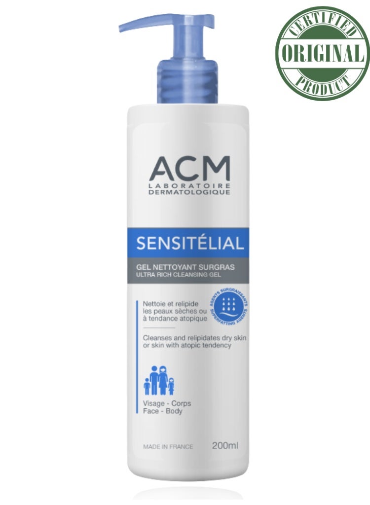 ACM Laboratoire dermatologique ACM Sensitelial Superfatted Cleansing Gel 200ml – Gentle Daily Cleanser for Dry & Sensitive Skin, Nourishing Soap-Free Formula with Long-Lasting Comfort - Image 1