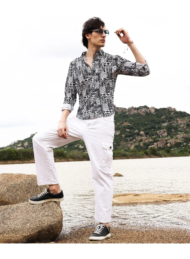 CAHOOT  Men's Off-White & Midnight Black Abstract Geometric Shirt For Casual Wear | Spread Collar | Long Sleeve | Button Closure | Shirt Crafted With Comfort Fit For Everyday Wear for Men | Best Price UAE
