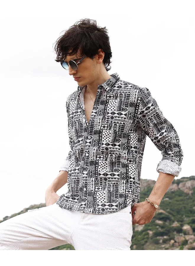 CAHOOT  Men's Off-White & Midnight Black Abstract Geometric Shirt For Casual Wear | Spread Collar | Long Sleeve | Button Closure | Shirt Crafted With Comfort Fit For Everyday Wear for Men | Best Price UAE