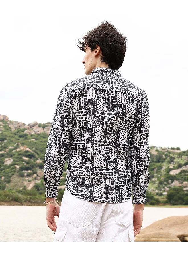 CAHOOT  Men's Off-White & Midnight Black Abstract Geometric Shirt For Casual Wear | Spread Collar | Long Sleeve | Button Closure | Shirt Crafted With Comfort Fit For Everyday Wear for Men | Best Price UAE