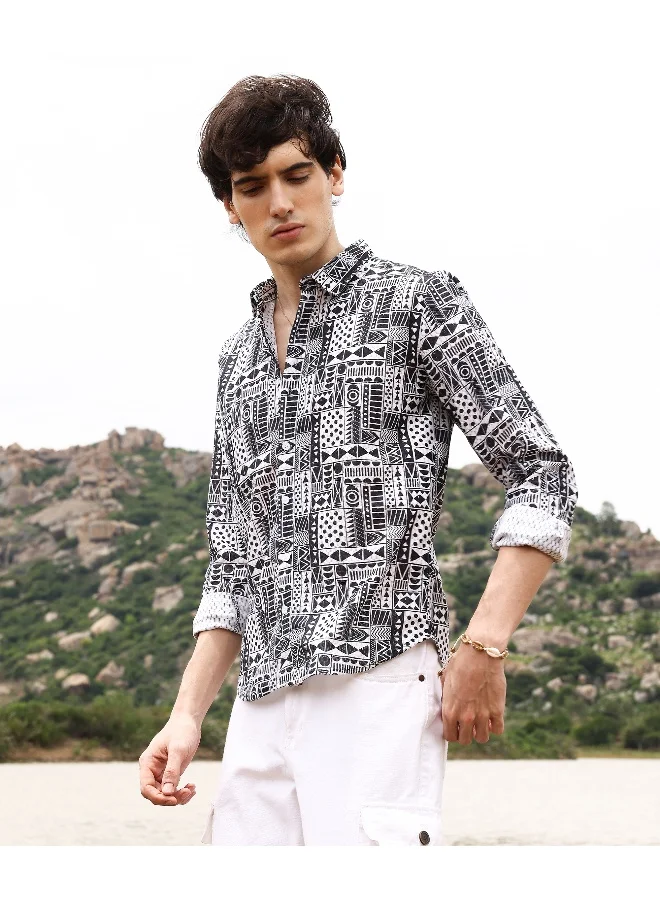 Men's Off-White & Midnight Black Abstract Geometric Shirt For Casual Wear | Spread Collar | Long Sleeve | Button Closure | Shirt Crafted With Comfort Fit For Everyday Wear
